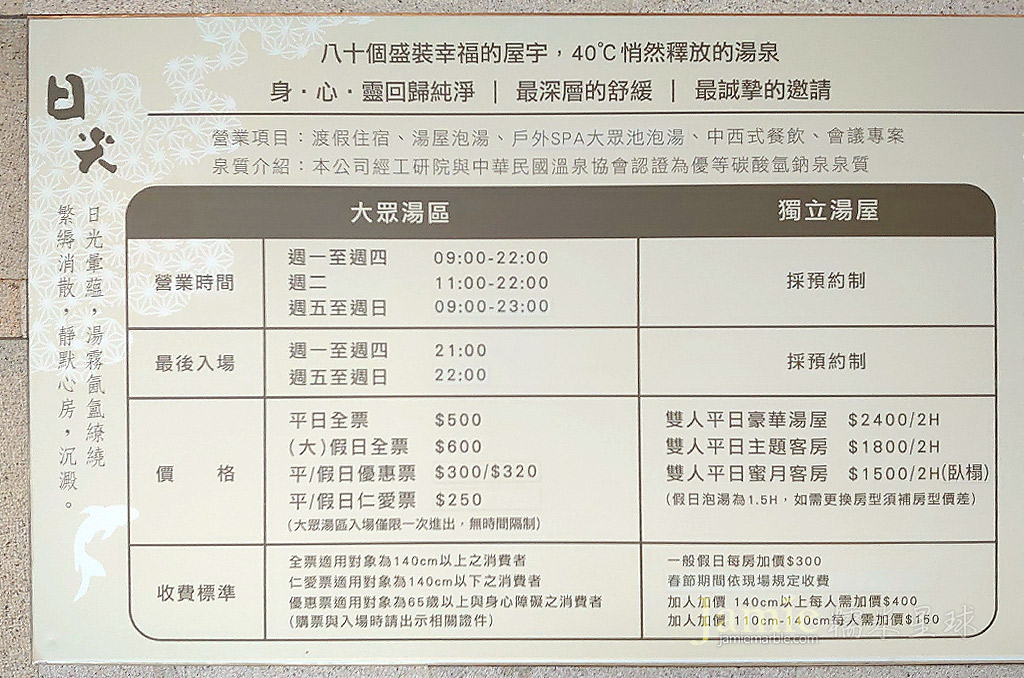 日光溫泉大眾湯無票價,獨立湯屋價目表,開放時間